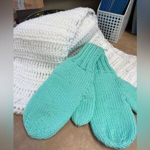 Handmade Knitted Scarf and Mittens Set White and Aqua Brand New
